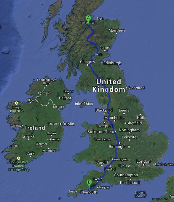To give you an idea of the distance covered 642 miles Inverness to Plymouth
